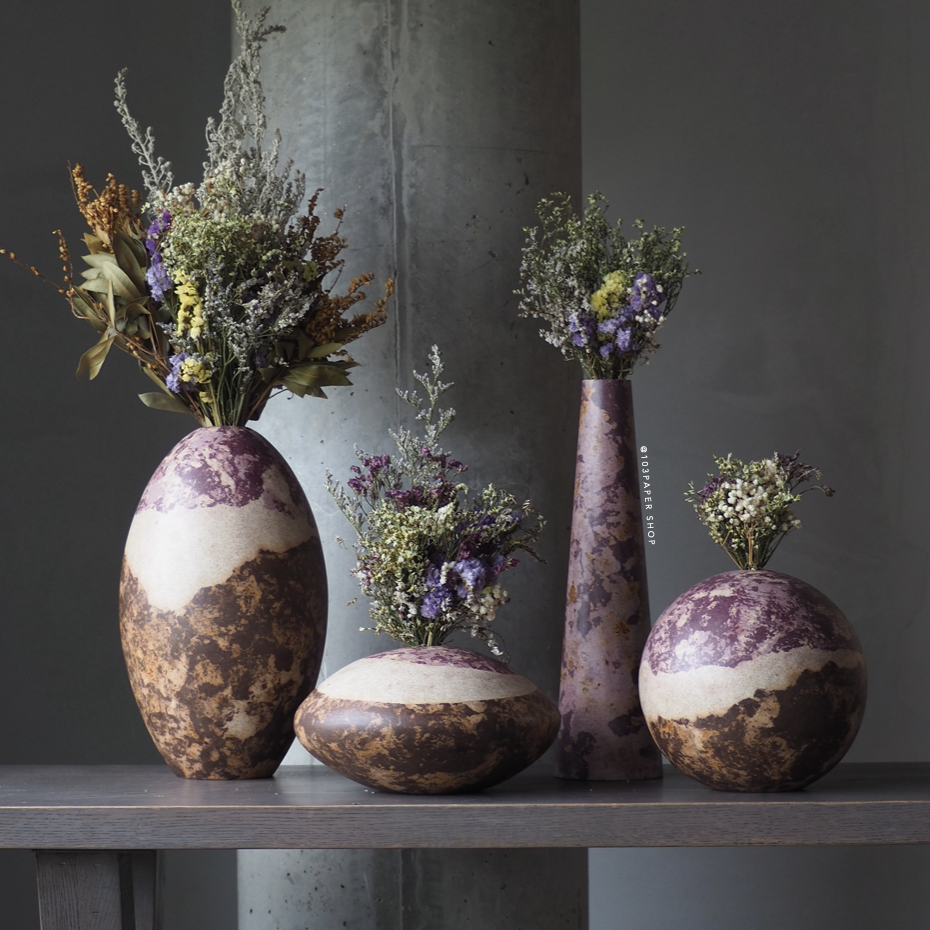 RE COLLECTION (RE VASE) NO.1-4  :  PAPER VASE  -  Our designs give new life to recycled paper and other natural materials,  Handmade sculptures , Which is created piece by piece.