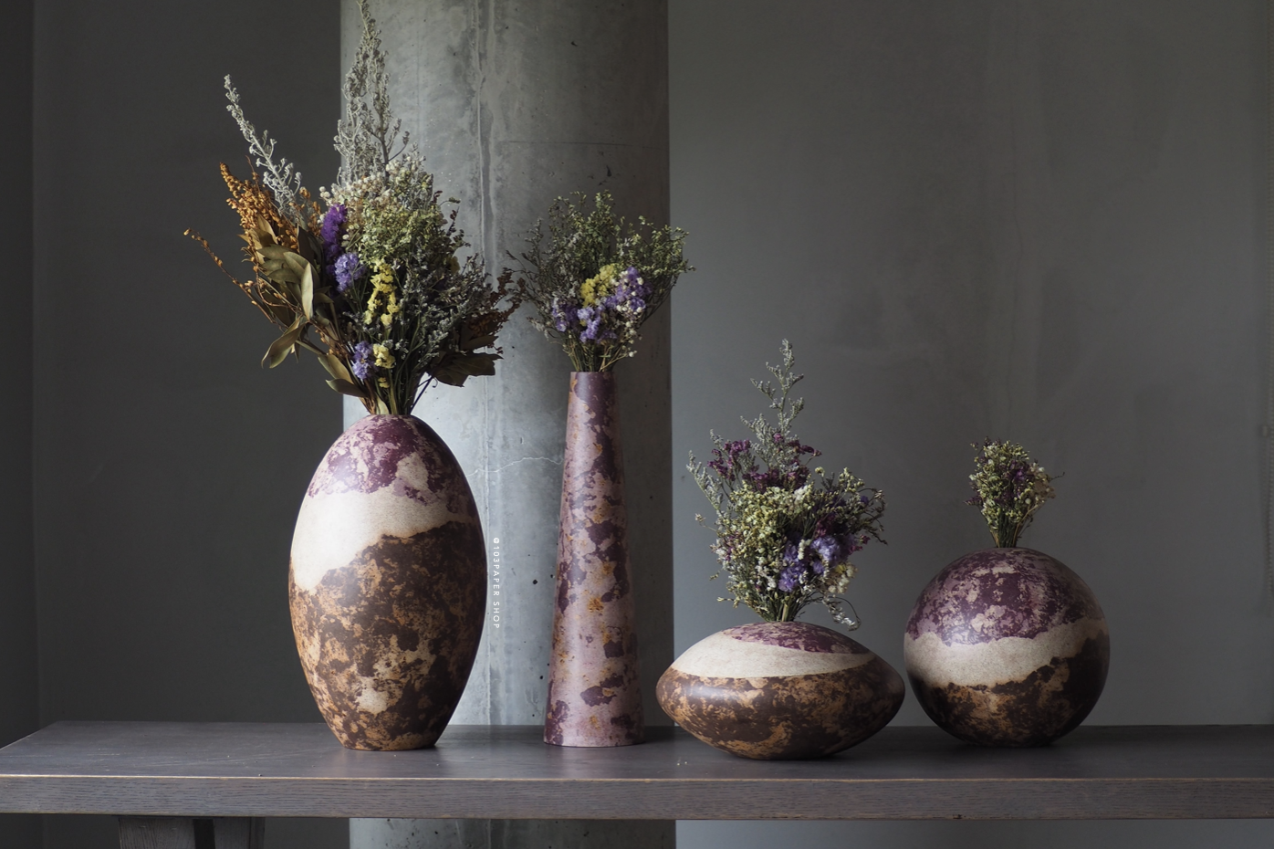 RE COLLECTION (RE VASE) NO.1-4 : PAPER VASE - Our designs give new life to recycled paper and other natural materials, Handmade sculptures , Which is created piece by piece. RE COLLECTION (RE VASE) NO.1-4 : PAPER VASE - Our designs give new life to recycled paper and other natural materials, Handmade sculptures , Which is created piece by piece.