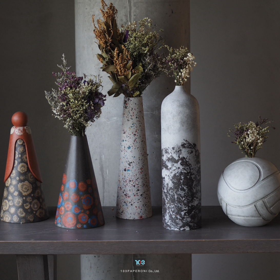 RE.10 - RE.14 : PAPER SCULPTURE AND PAPER VASE - Our designs give new life to recycled paper and other natural materials, Handmade sculptures , Which is created piece by piece. RE.10 - RE.14 : PAPER SCULPTURE AND PAPER VASE - Our designs give new life to recycled paper and other natural materials, Handmade sculptures , Which is created piece by piece.