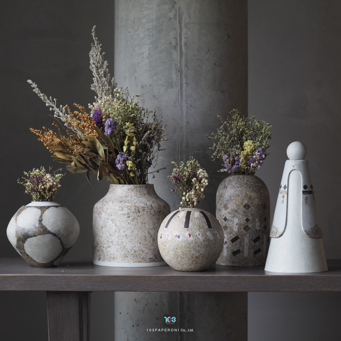 RE.29 - RE.33 : PAPER SCULPTURE AND PAPER VASE - Our designs give new life to recycled paper and other natural materials, Handmade sculptures , Which is created piece by piece. RE.29 - RE.33 : PAPER SCULPTURE AND PAPER VASE - Our designs give new life to recycled paper and other natural materials, Handmade sculptures , Which is created piece by piece.